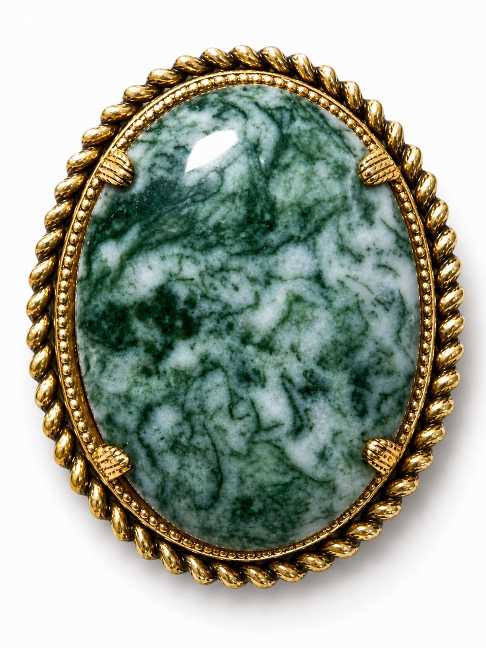 Vintage Gold-Frame Green Moss Agate Cabochon Brooch Pin